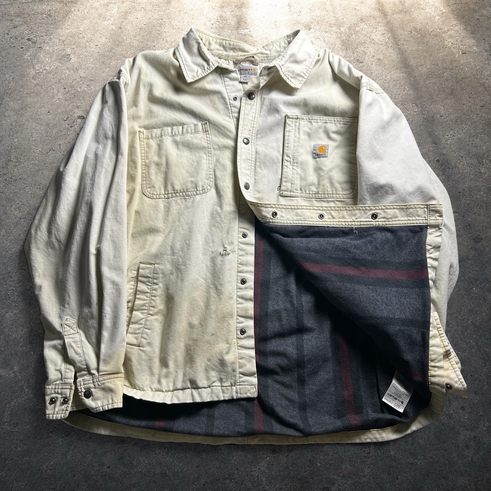 Carhartt Fleece Lined Canvas Shirt Jacket Cream Distressed XXL Skater Biker Y2K